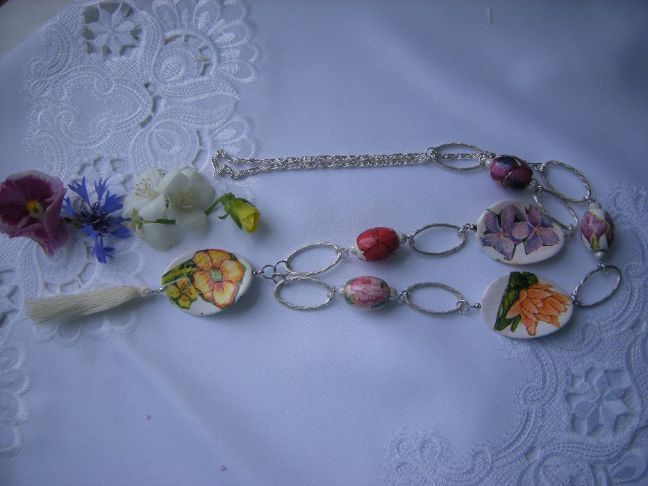 kolorowy naszyjnik 96cm kwiaty ważka chwost decoupage