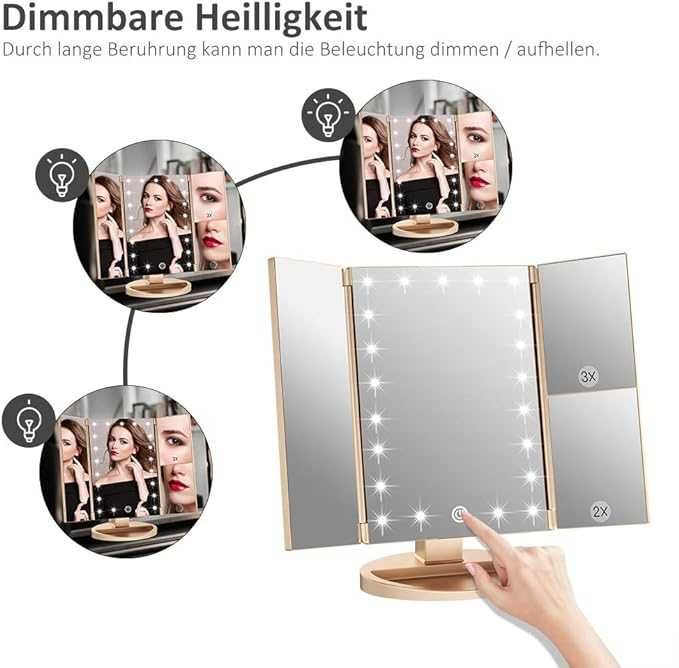 WEILY Lusterko do makijażu z powiększeniem 1x, 2x i 3x, z diodami LED