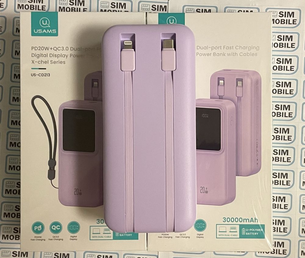 Power Bank Usams Digital Display 20W 30000mAh Purple