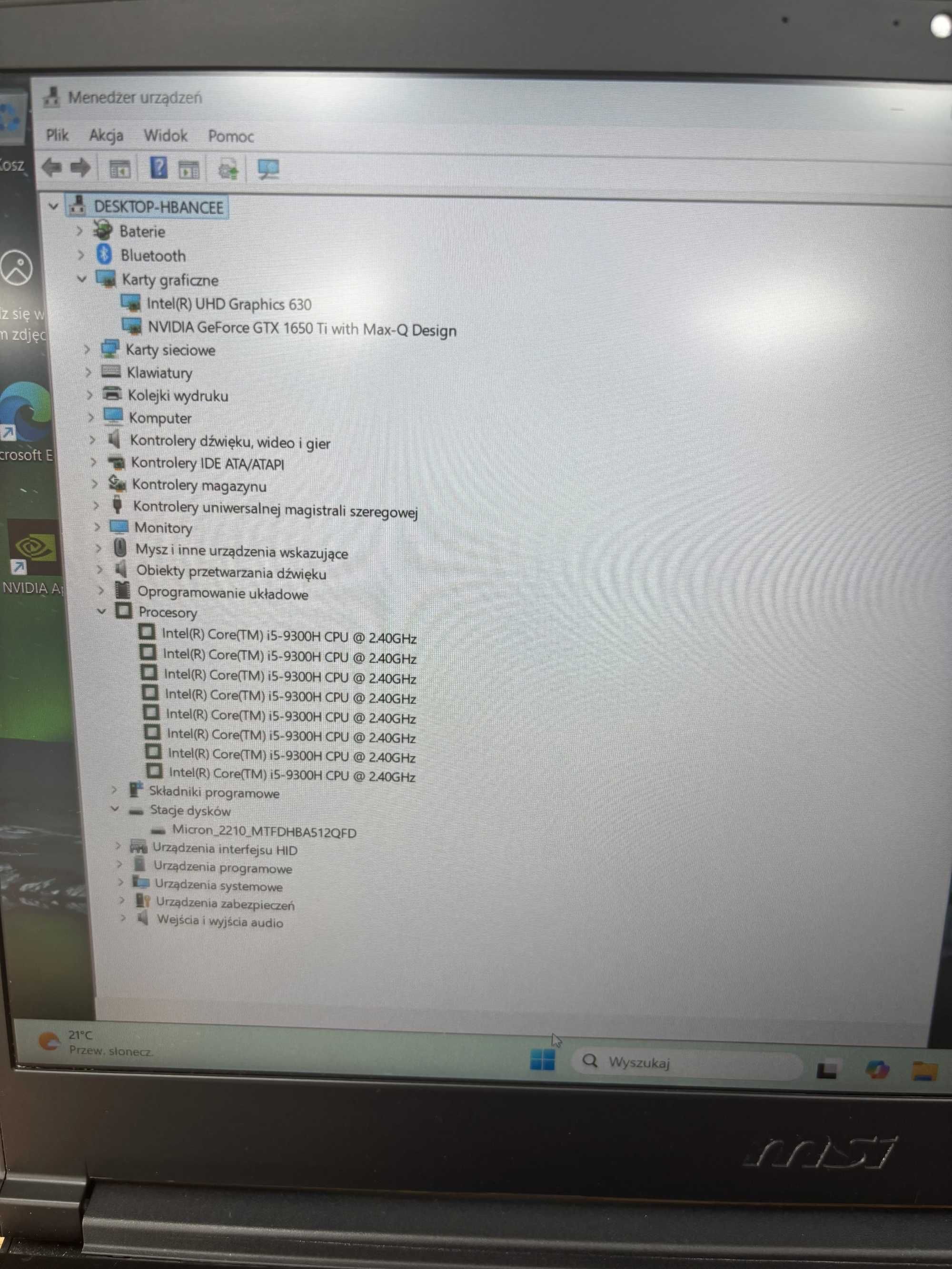 Laptop gamingowy - MSI GF63 Thin- GTX 1650 Ti