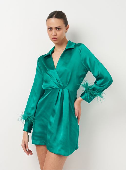 Жіноча атласна міні-сукня zara з пір'ям на манжетах рукавів