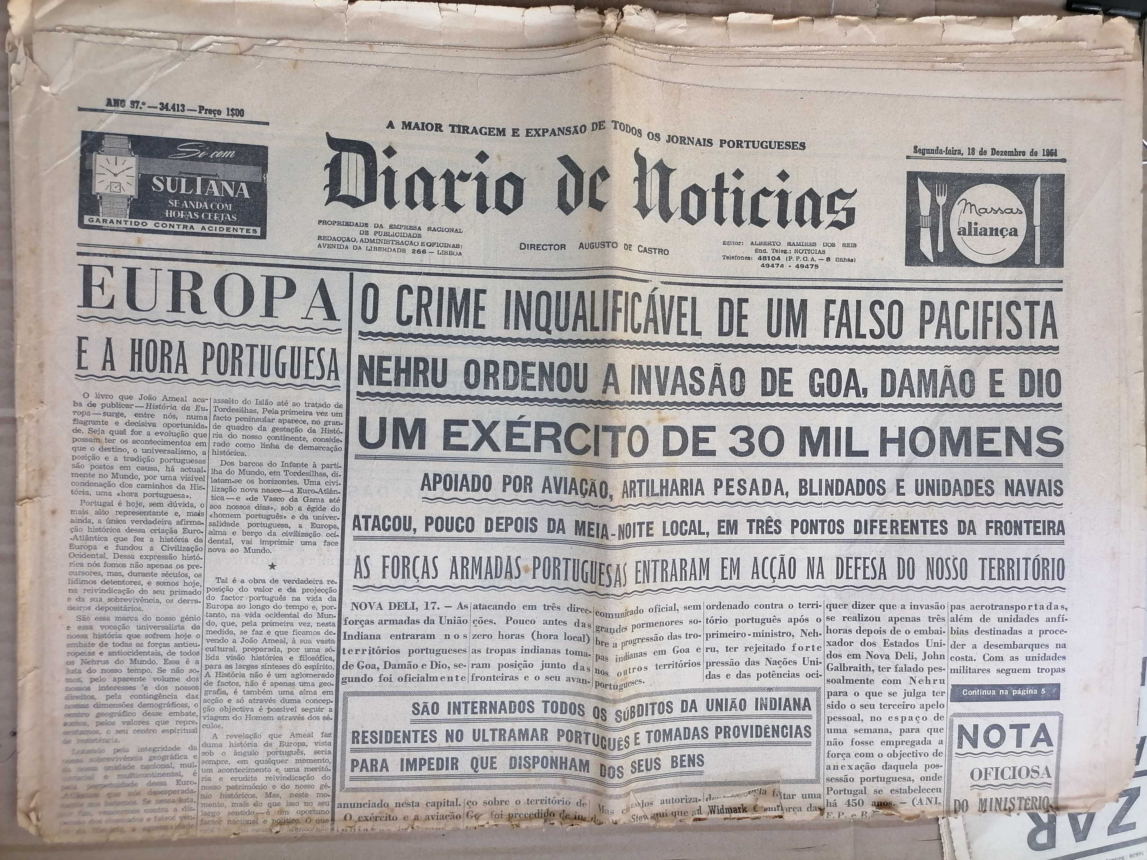 SALAZAR e a INVASÃO de GOA, DAMÃO e DIU 1961 Diário de Notícias