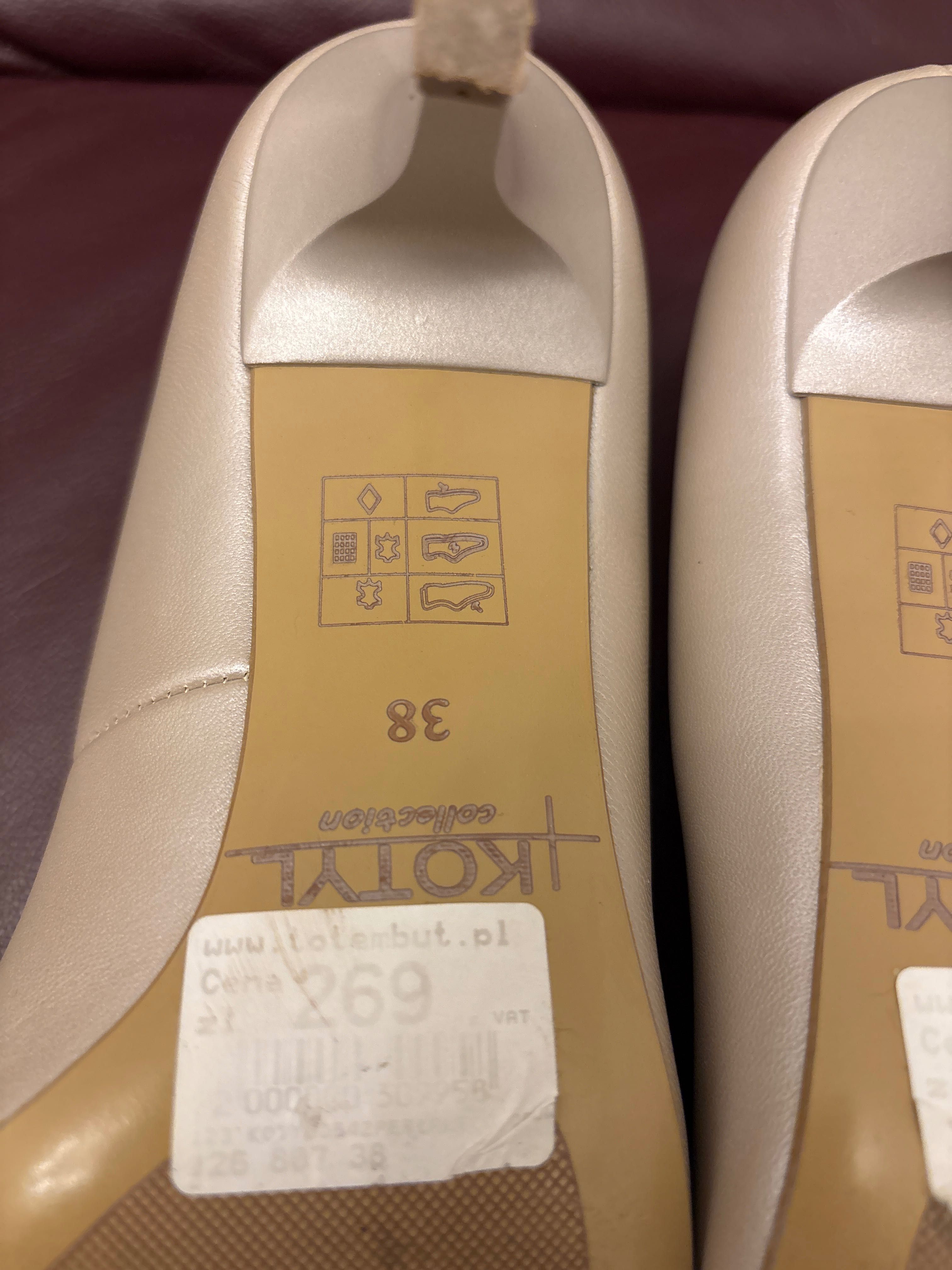 Buty ślubne czółenka obcas ecru skóra naturalna  Kotyl 37