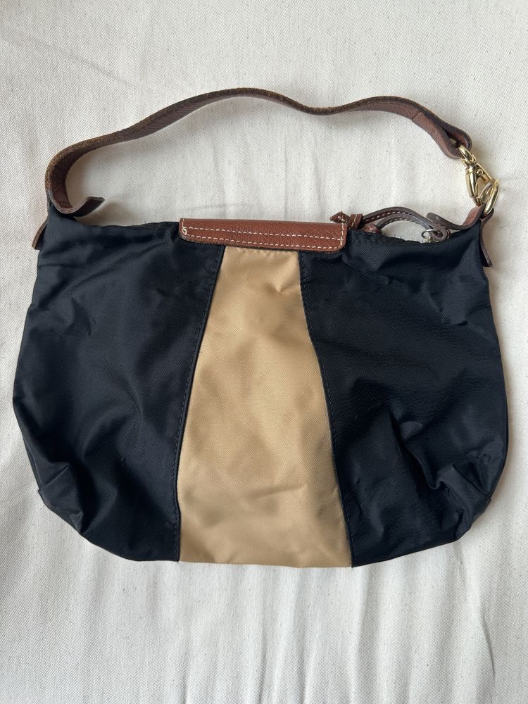 mala bolsa ombro longchamp preto e bege