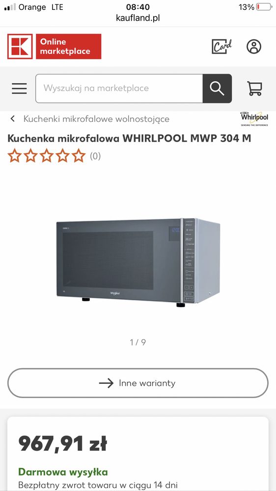 Mikrofalówka Whirpool MWP 304M jak nowa 30l pojemnosci moc 1400W