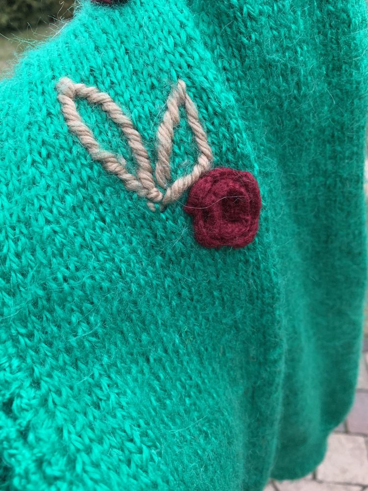 Sweter zielony moherowy vintage haftowany retro kardigan kwiaty