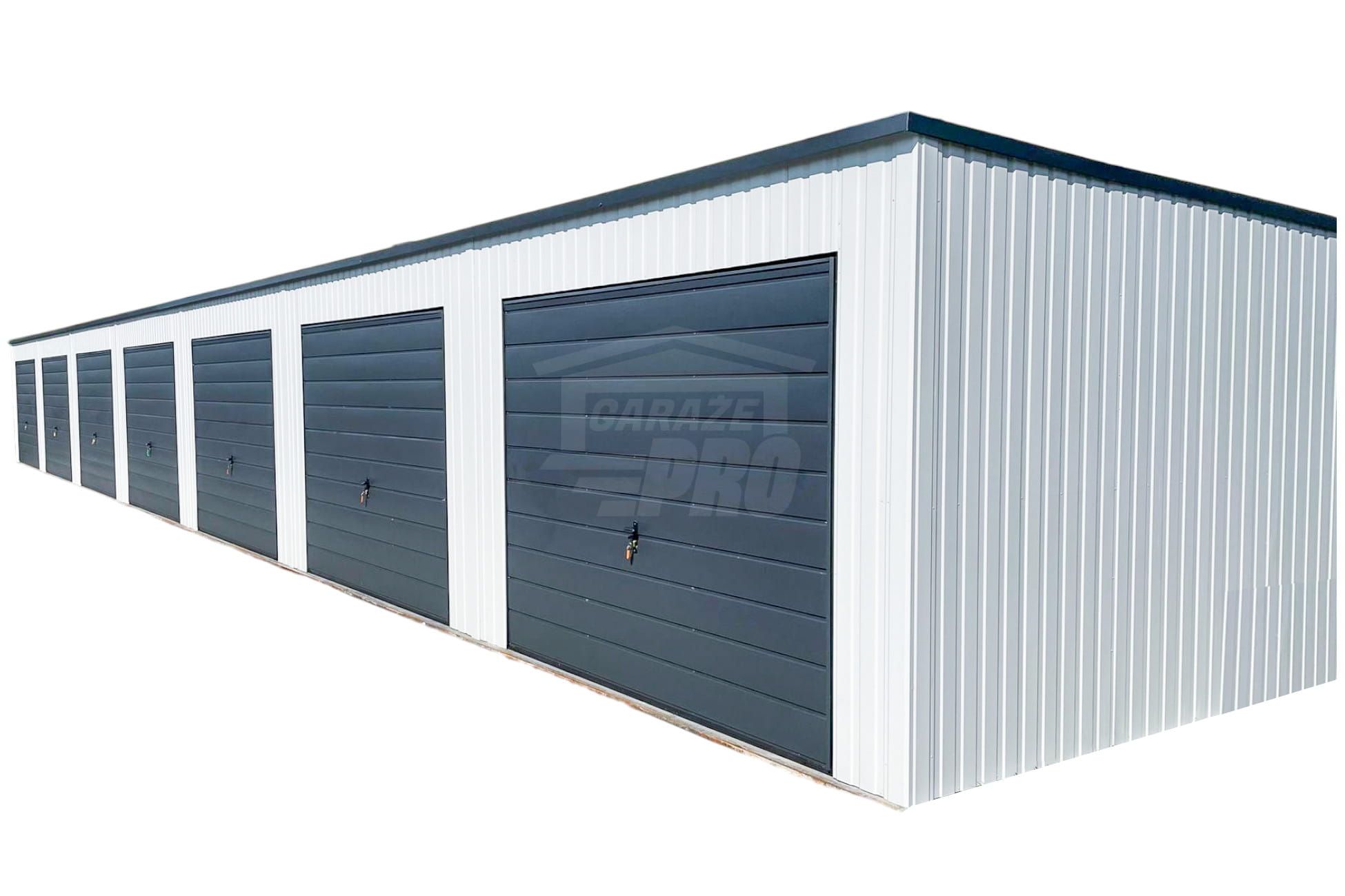 Rząd garaży 28x5,5m - 7x bramy uchylne dach spad w tył  GP489