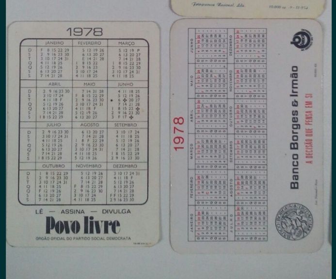 Calendário 1978 Borges Irmão PSD, postais , Cunha e Borges tabela.