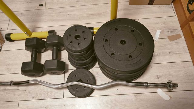 Sztangi, hantle, obciążenie 50 kg + poręcze do dipów