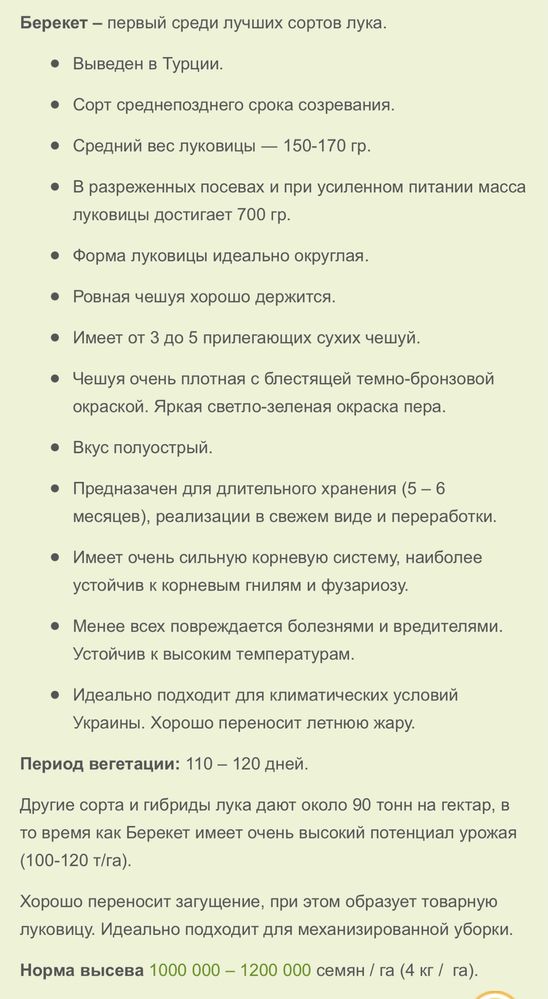 Семена  лука, Берекет производство Турция