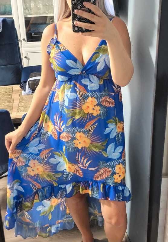 Nowa 40 L sukienka letnia chaber w kwiaty falbany asymetryczna