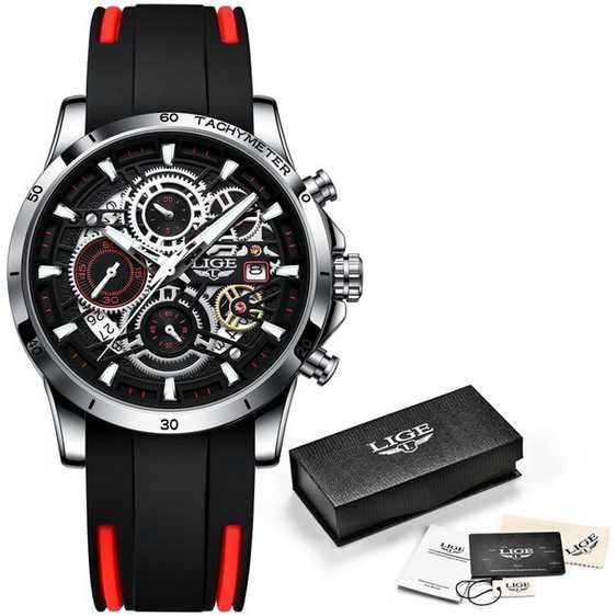 Relógio Luxo Masculino LIGE bracelete silicone vermelho e preto (Novo)