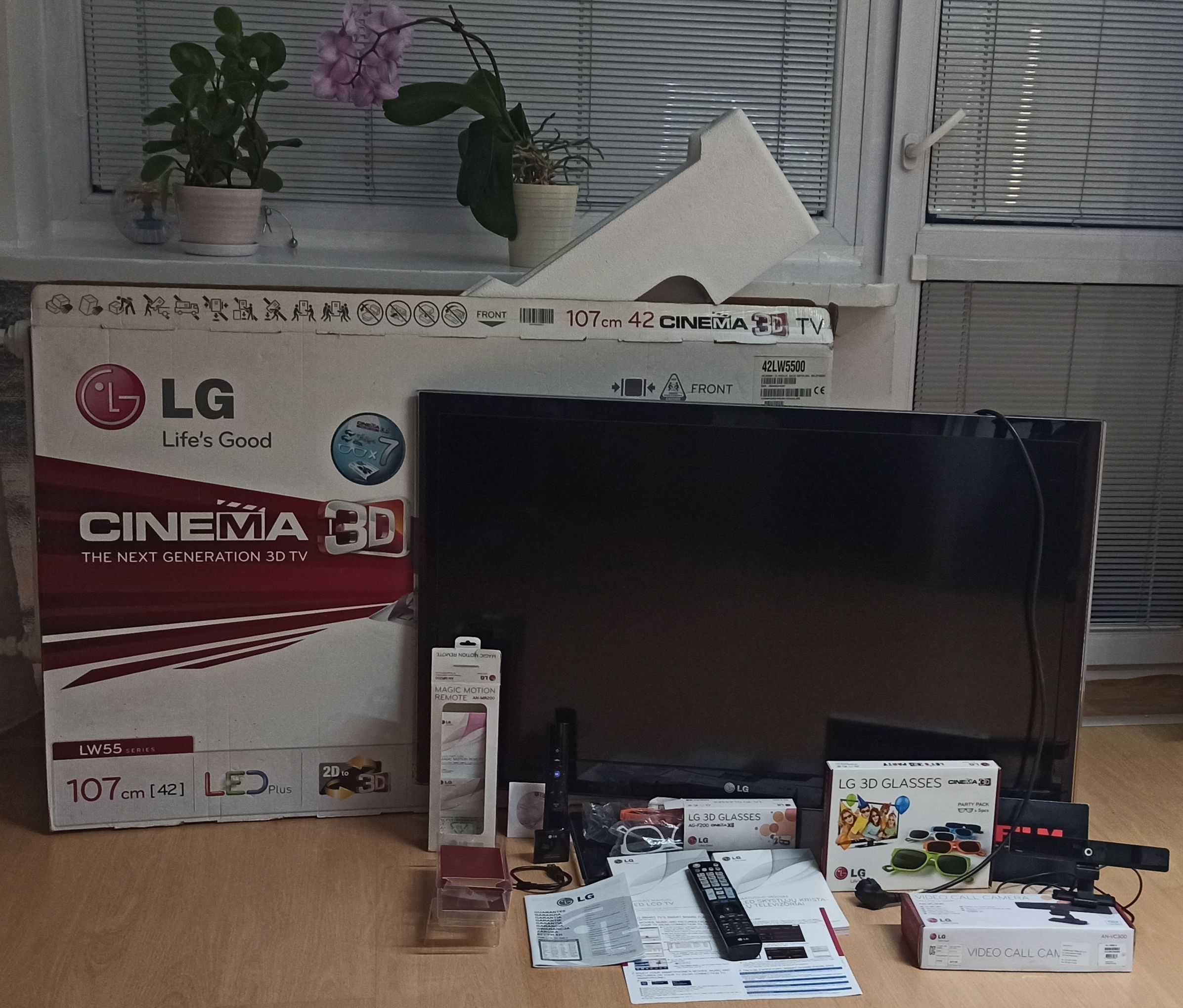 Telewizor 42" 3D LG LW55 sprawny, okulary 3D magic motion kamera.