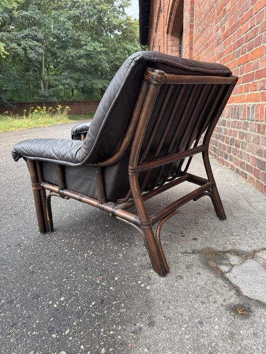Brutalistyczna skórzana sofa z fotelem,rattanowy stelaż,lata70.vintage