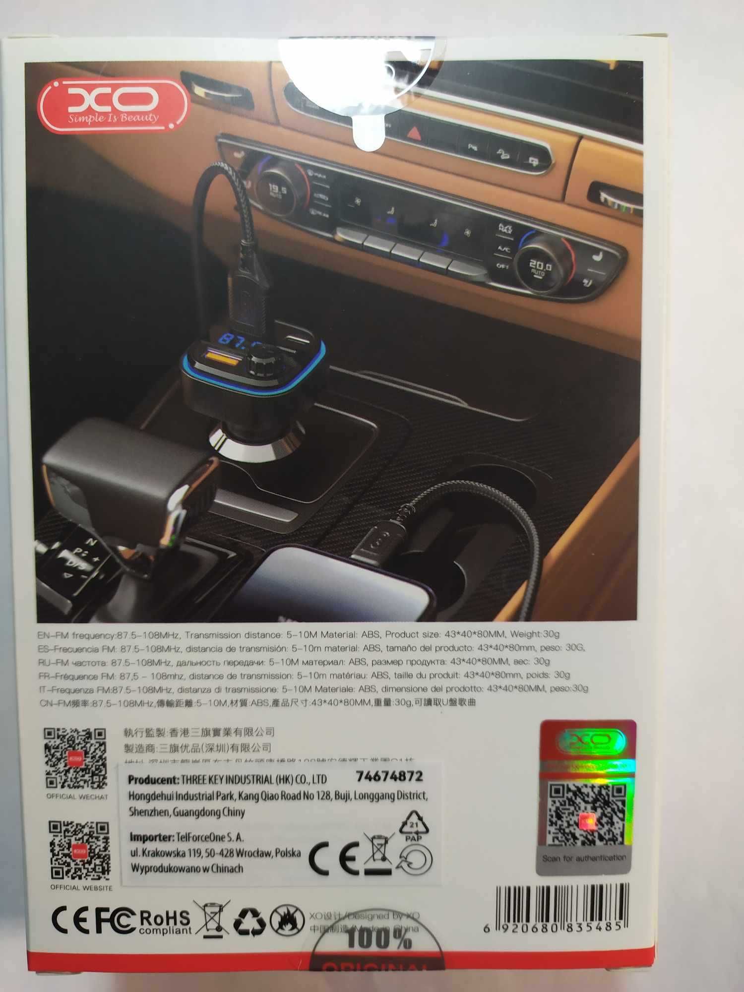 XO transmiter FM Bluetooth MP3 ładowarka samochodowa 3,1A