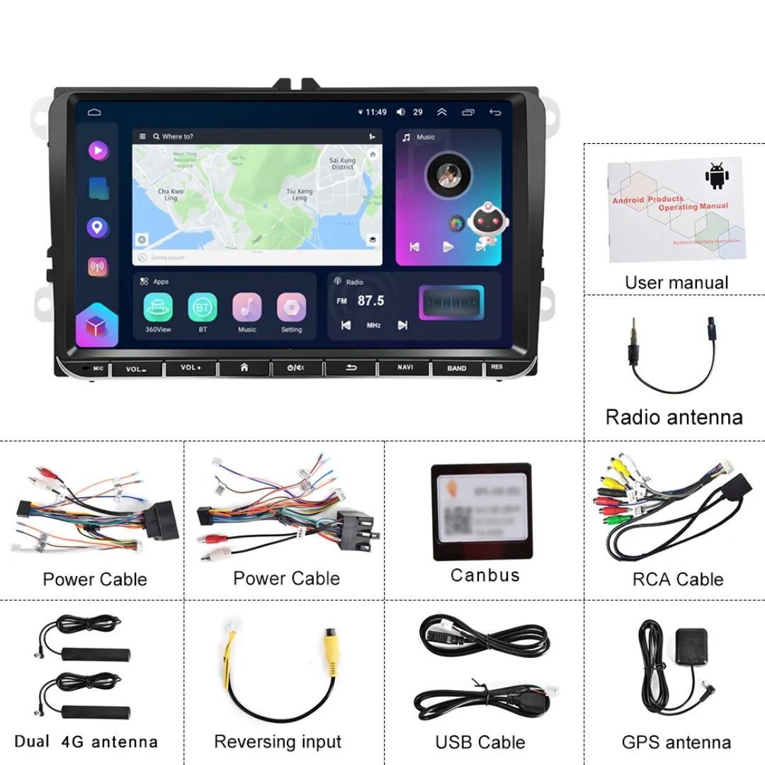 Rádio Android 8/128GB 4G Carplay GPS wifi Volkswagen Seat Skoda NOVO