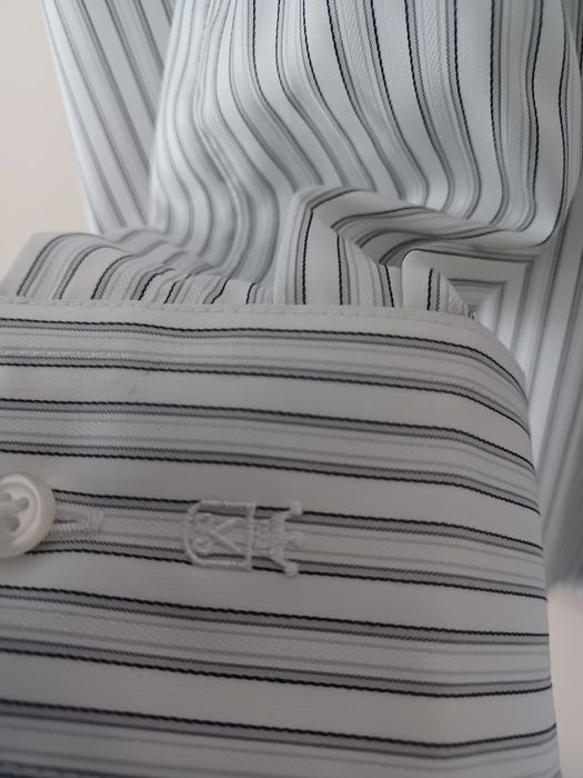 Elegancka bawełniana koszula biała rozm 45/46 pionowe szare paski Walb