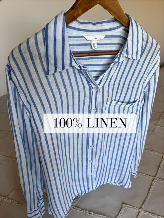 Koszula lniana 100% len w paski H&M Premium marynarskie paski