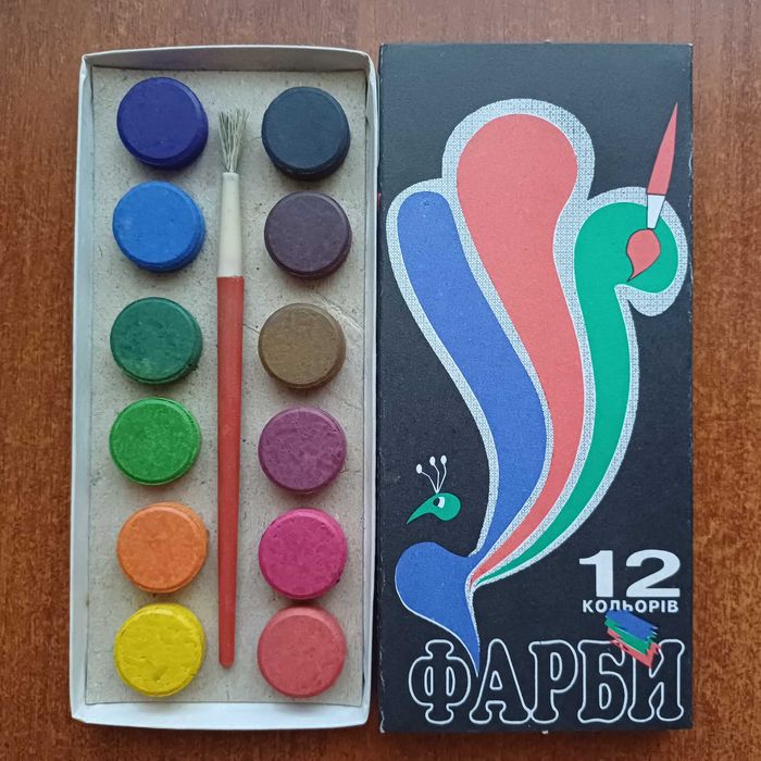 Фарби 12 кольорів шкільно–оформлювальні сухи, пензлик