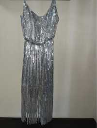 Sukienka Mohito XXS srebrna, cekiny, frędzle, sylwester, impreza
