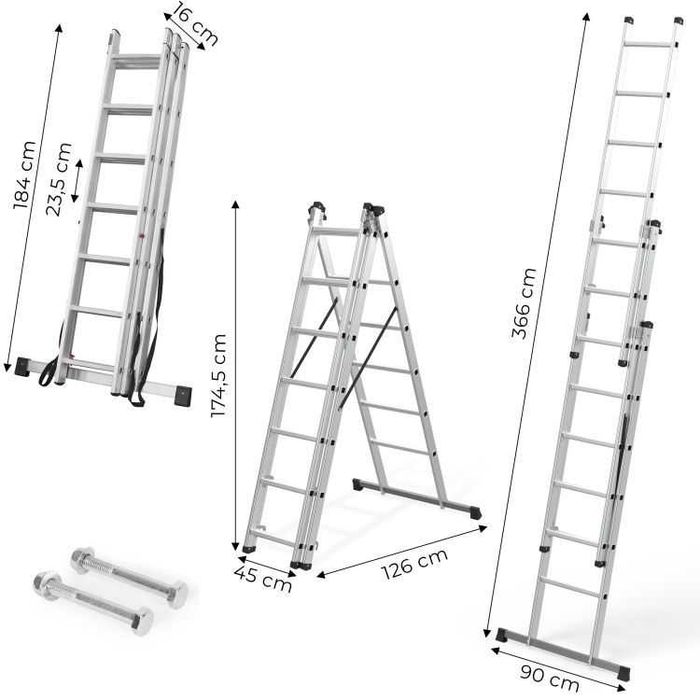 DRABINA ALUMINIOWA 3x7 do 150 kg - składana / wielofunkcyjna