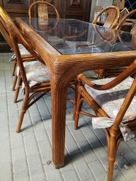 Stół z krzesłami, zestaw bambusowy rattanowy drewno szklany antyk
