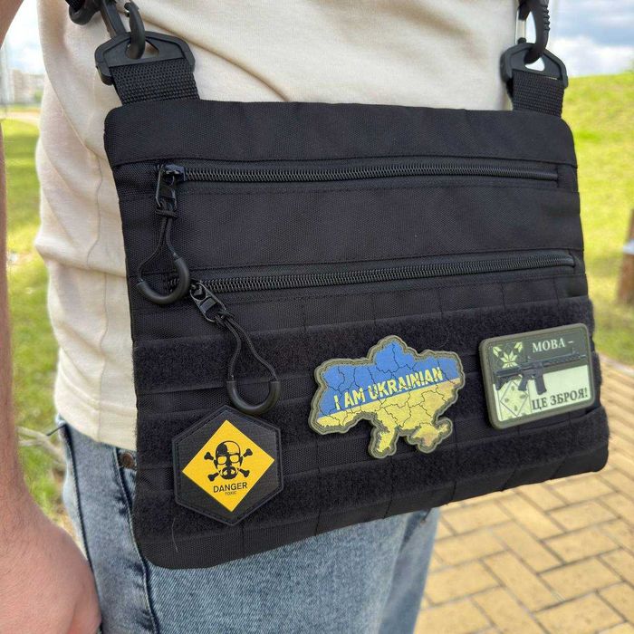 Тактическая сумка через плечо мужская черная для шевронов мессенджер