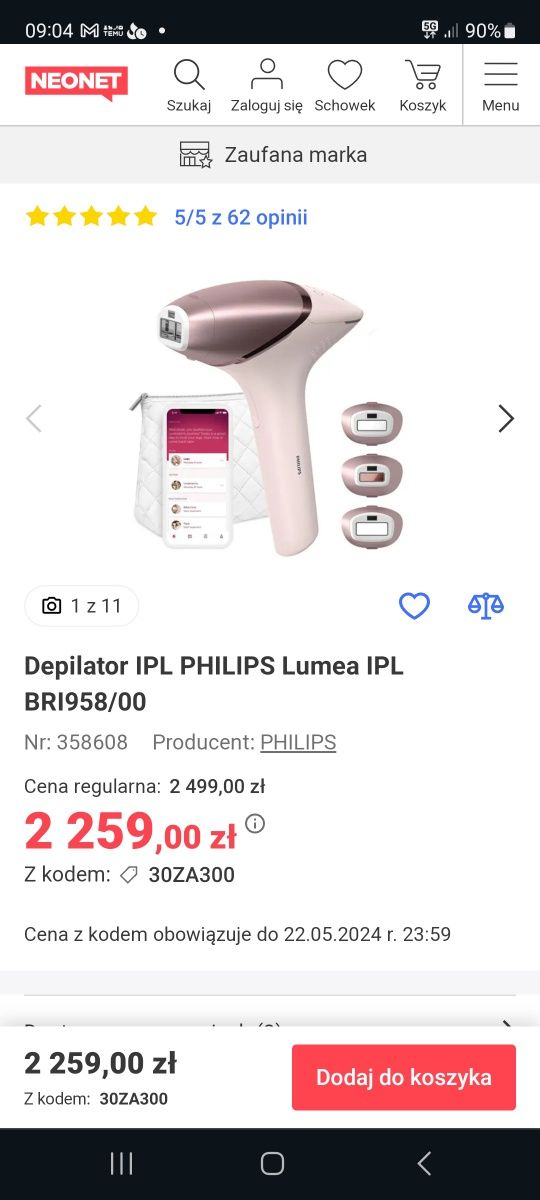 Nowy, depilator Philips Lumea 900 BRI958