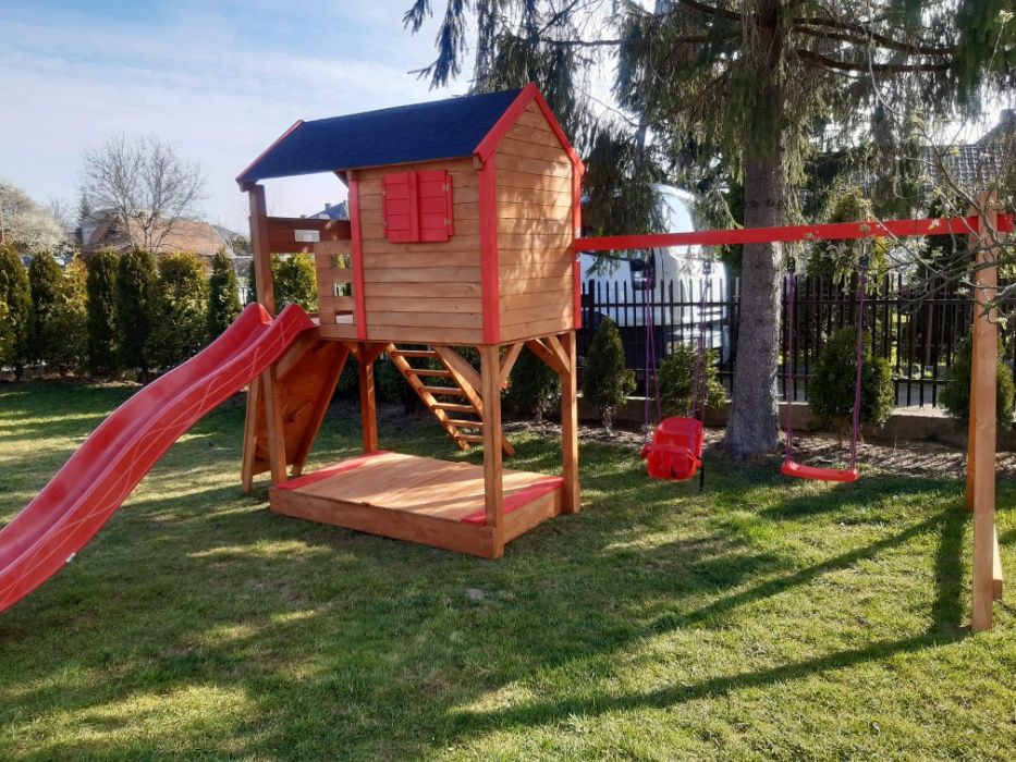 duży Plac zabaw, domek dla dzieci, zjeżdżalnia, ścianka wspinaczkowa