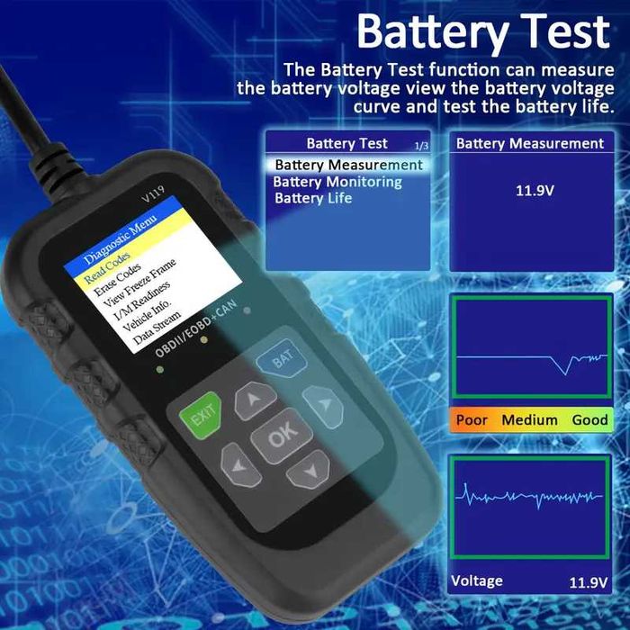 Tester diagnostyczny i napięcia skaner V119 OBD2 czytnik kodów błędów