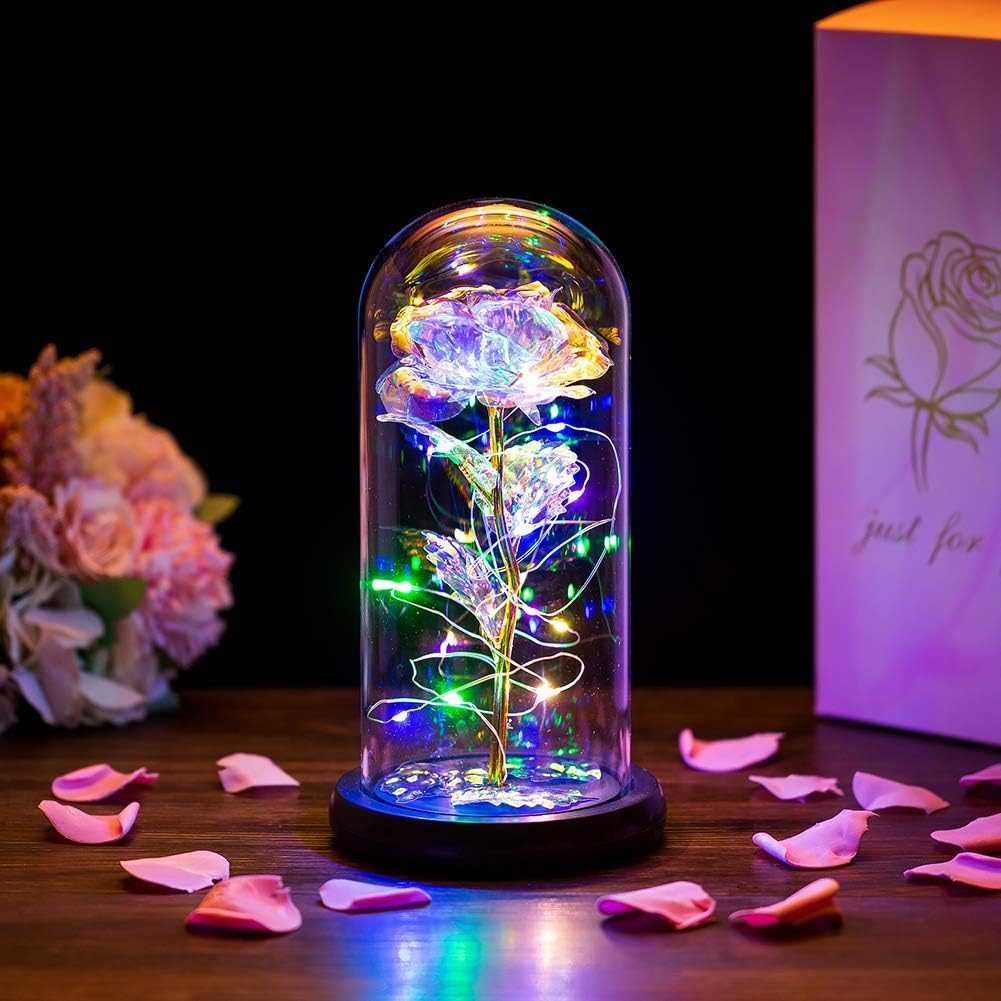 Róża w szklanej kopule światła LED wieczne kryształowe kwiaty