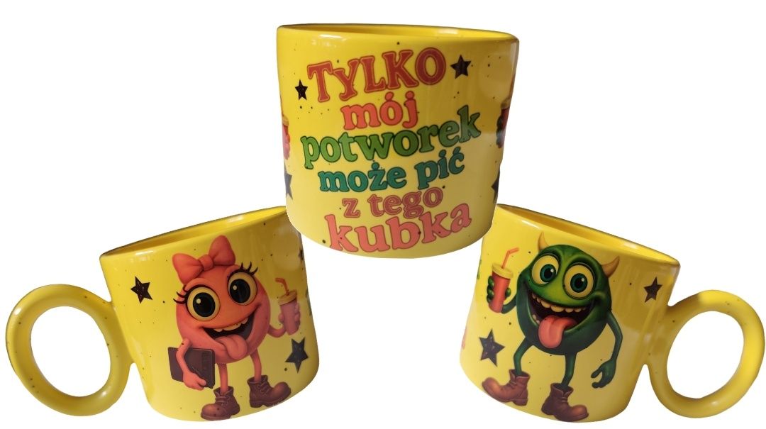 Kubek nakrapiany żóty z grafiką
