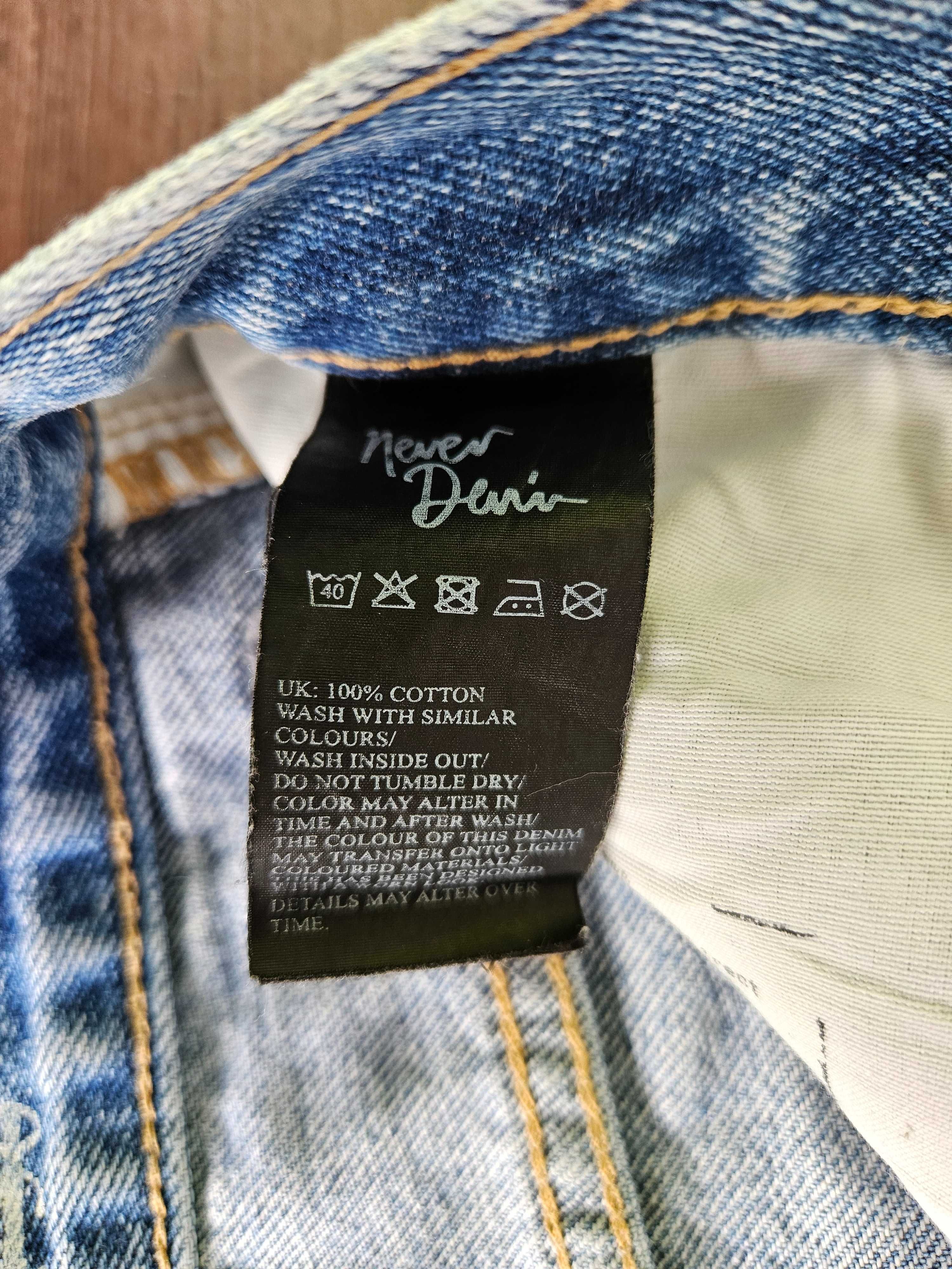 Niebieskie poprzecierane jeansy damskie, proste, Never Denim, rozm. 27