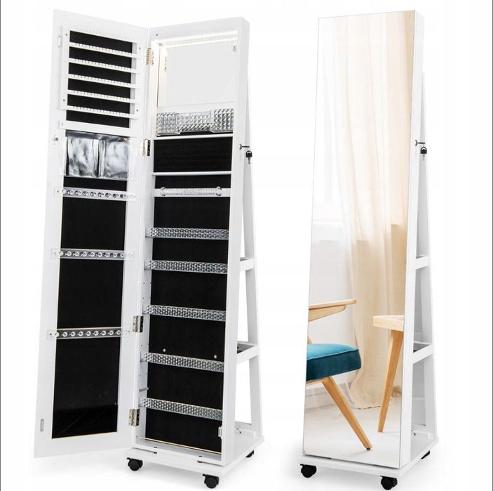 Szafka na biżuterię 3 w 1 na kółkach Bezramowe lustro LED