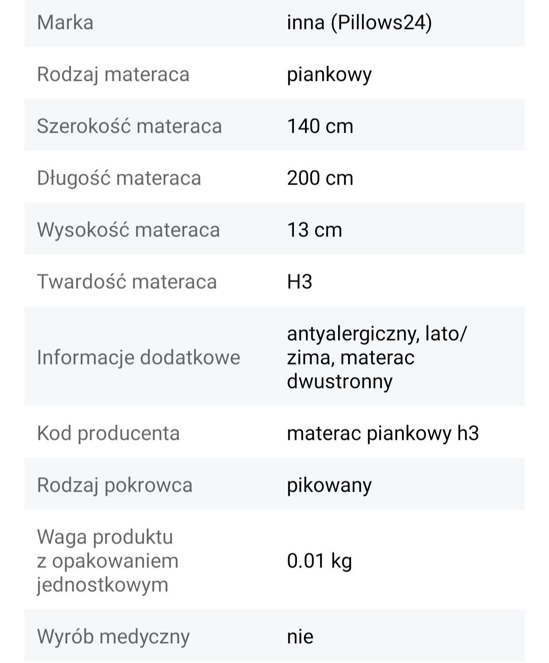 Materac piankowy z pokrowcem 140X200X13CM H3