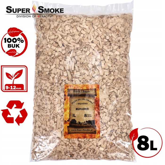 Zrębki Wędzarnicze Super Smoke BUK KL-10 (9-12mm) Large 8 Litrów
