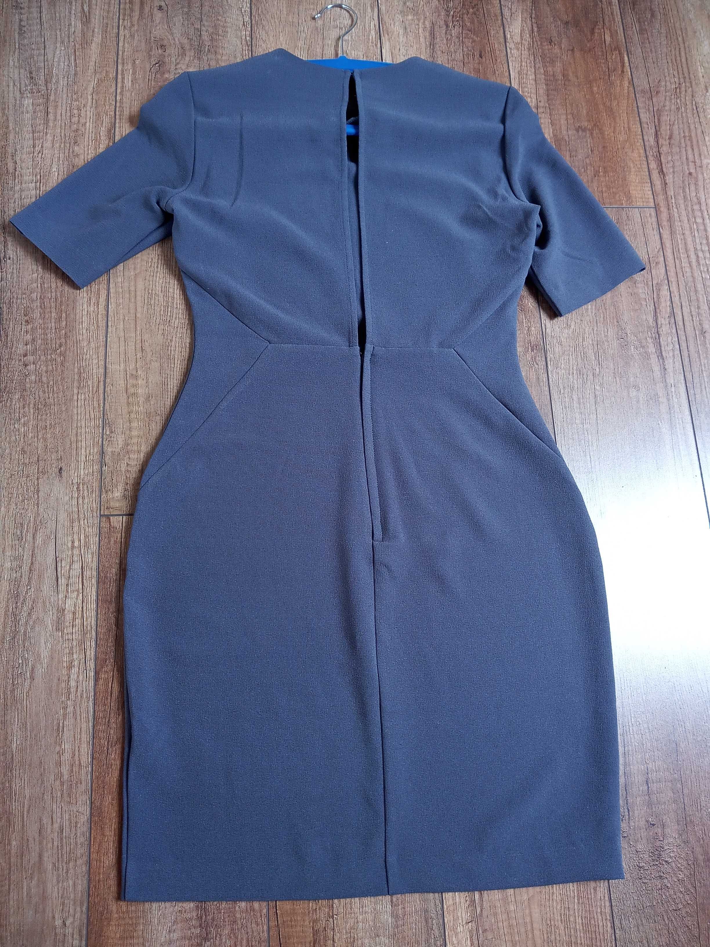 elegancka sukienka szara H&M 38 krótka rozcięcie na plecach