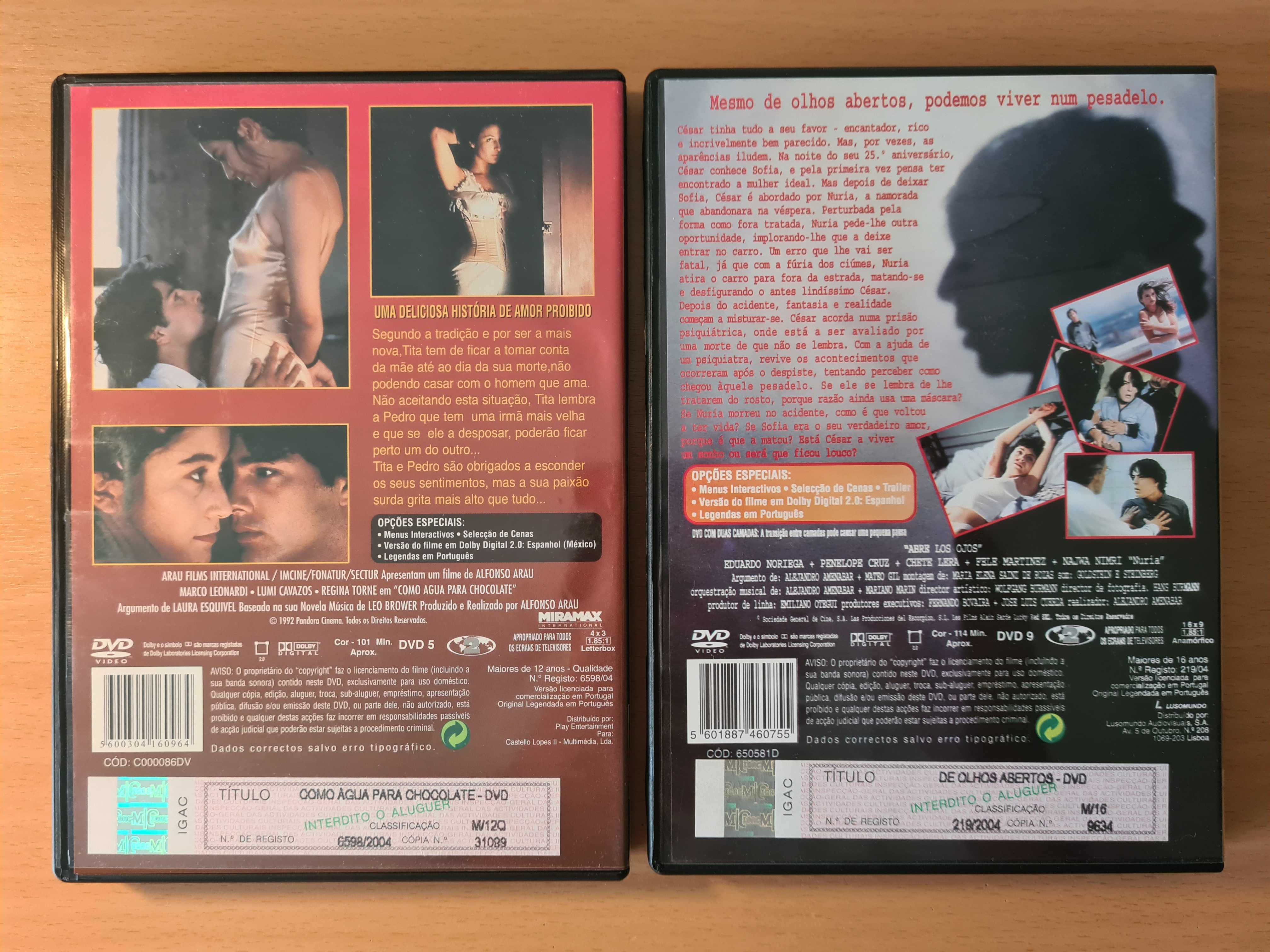 2 filmes espanhóis em DVD: Como Água para Chocolate e De Olhos Abertos