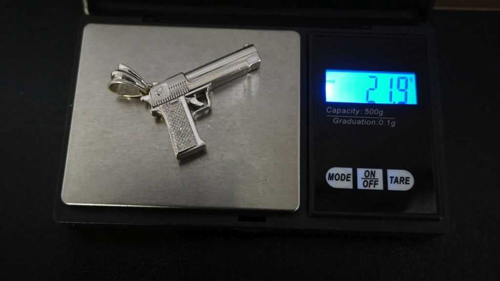 Złoty Komplet Łańcuszek i Pistolet 83 Gram - Białe Złoto
