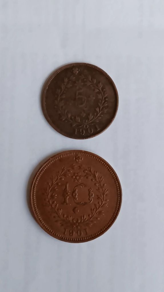 Moedas de 5 e 10 réis. D. Carlos l.1901. Açores