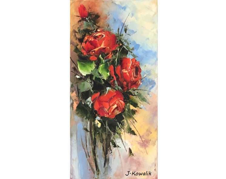 Kowalik - Czerwone róże - 20x40cm Obraz Olejny Kwiaty Bukiet