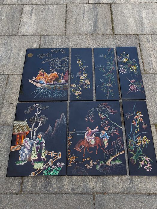 Obrazy Chińskie z laki 7 sztuk vintage retro