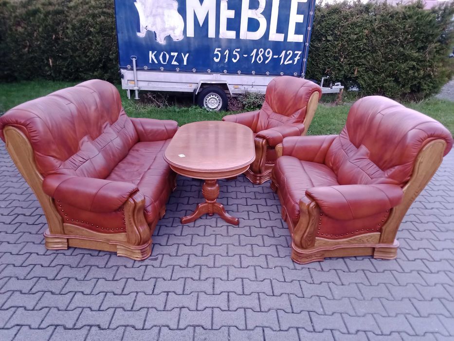 Komplet KLER , Rozkładany 3+2+1  i Ława Rozkładana , Dąb - Skóra Brąz