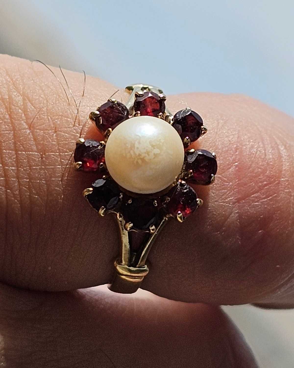 pierścionek złoty 8k 333 granaty naturalne + perła * vintage *