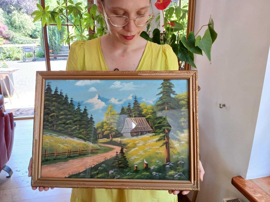 Obraz ręcznie malowany Górski krajobraz z drewnianą chatą