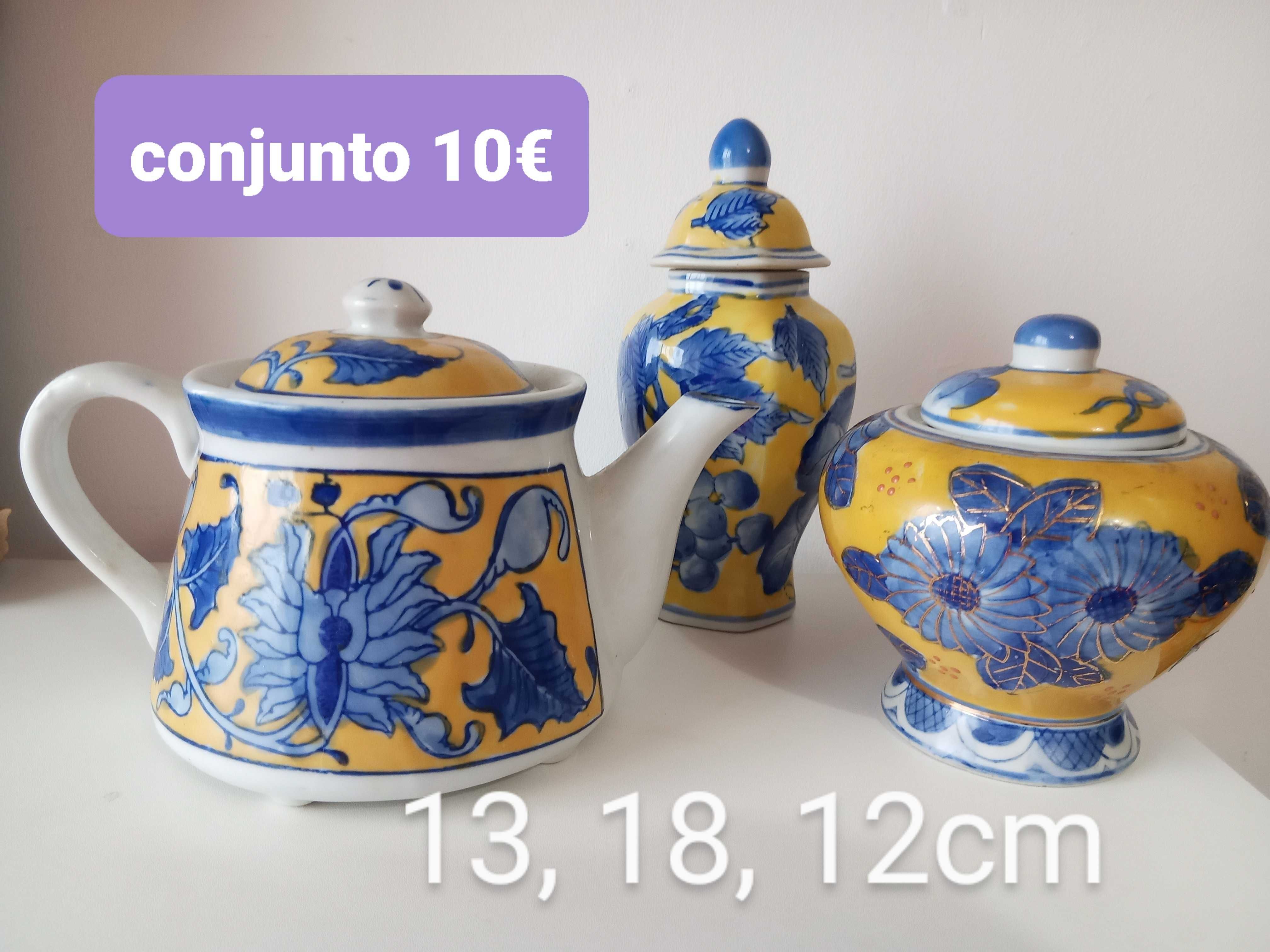 3 peças cerâmica, bule tibor tema florais