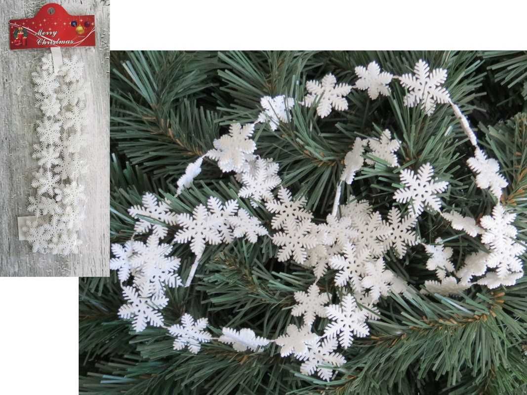 Łańcuch, śnieżynki na choinkę 3 cm 1,8 m biały
