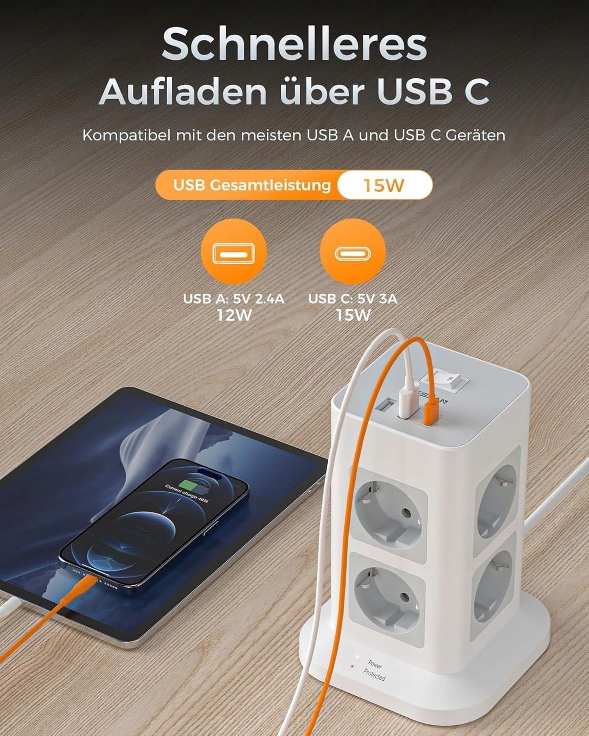 Listwa stojąca KOMPAKTOWA Tessan 8xAC 2xUSB-A 1xUSB-C 3600W 10M