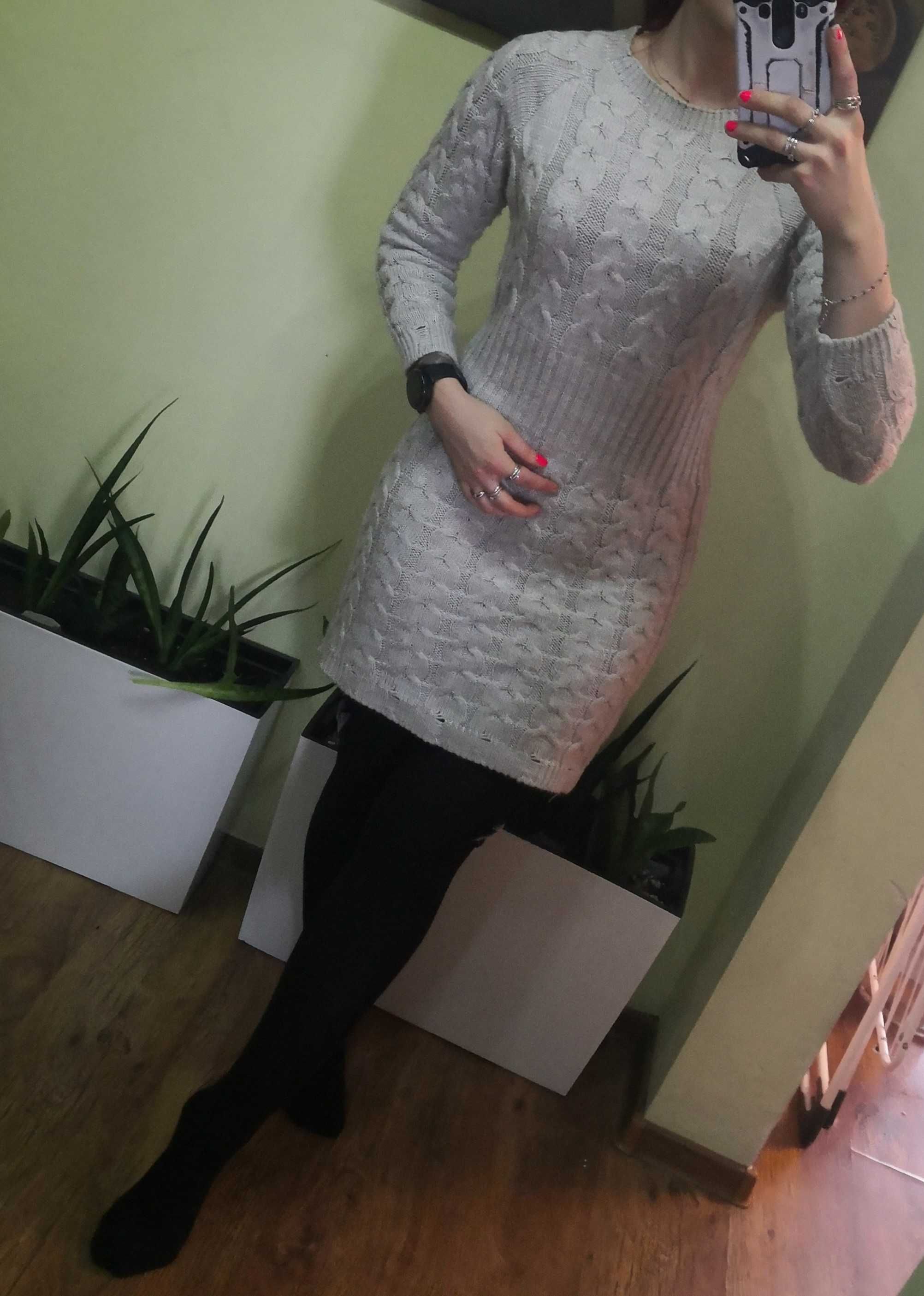 Sukienka sweterkowa, dzianinowa, zimowa, S/M, szara, świąteczna