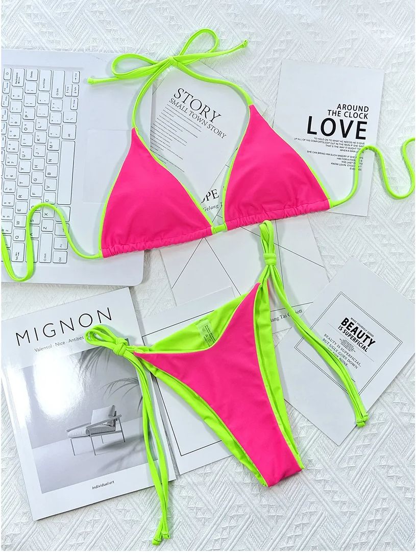 Strój Kąpielowy BIKINI Stringi SEXY Dwuczęściowy Neon Wiązane - S